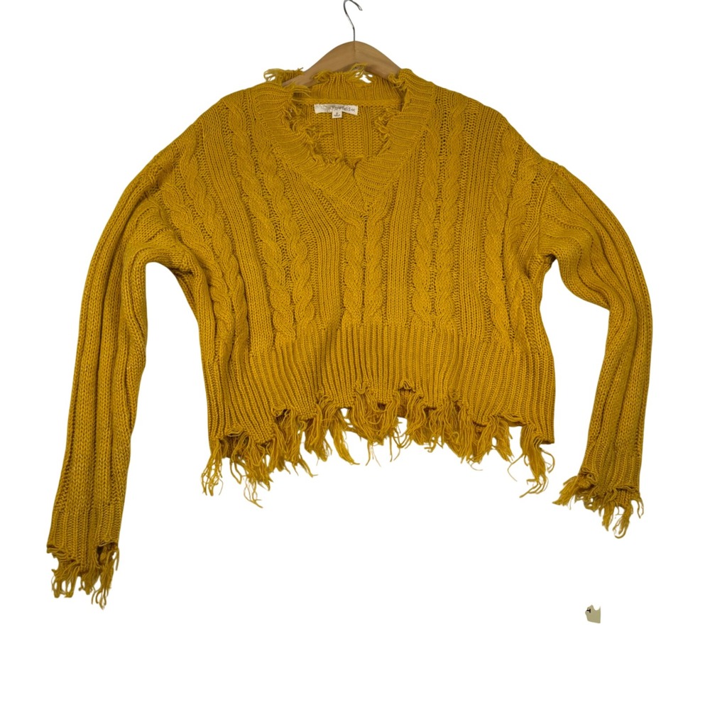 Rewind Mustard Yellow Distressed Cable Knit V-Neck Cropped Sweater NHS42986V1 S